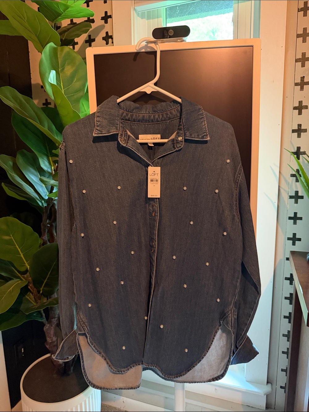 LOFT Dark Blue Pearl-Embellished Denim Shirt